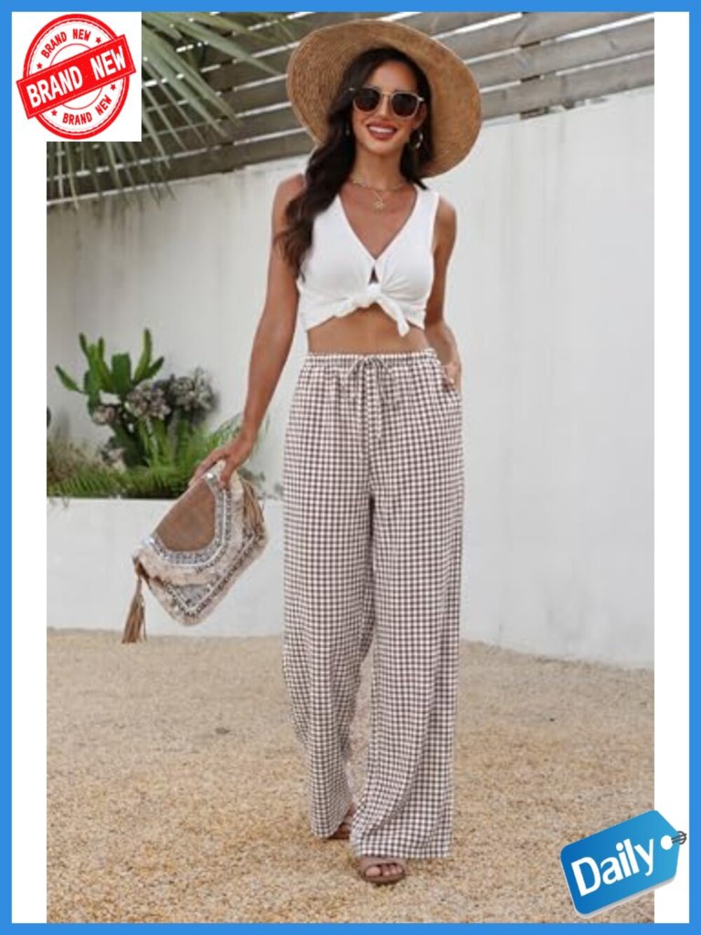 Wide Leg Pants for Women Flowy Palazzo Drawstring Elastic Waist Trousers with - Picture 2 of 4